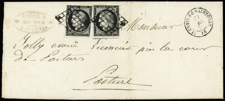 N°3, 2 pièces, OBL grille + T15 "ST Genis de Saintonge" (1849) sur lettre, ind 17. TB