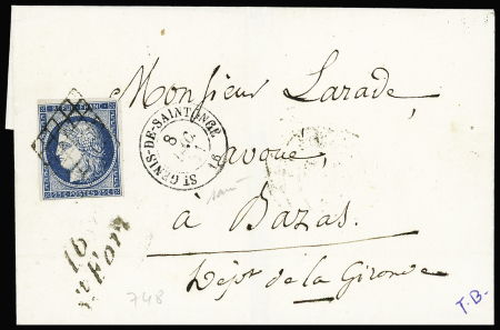 N°4 OBL grille + cursive "16 St Fort" + T15 "St Genis de Saintonge" (1851) sur lettre, ind 21. TB