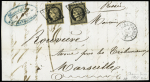 N°3, 2 pièces, OBL grille + T15 St Jean d'Angely (1849) sur lettre. TB
