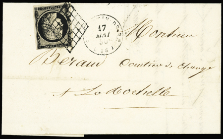 N°3 OBL grillle + T15 St Martin de Ré (1850) sur lettre, ind 15. TB