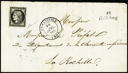 N°3 OBL grille + cursive "16 Taillebourg" + T14 St Savinien (1850) sur  lettre, ind 25. TB