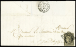 N°3, leg touché, OBL grille seule sur lettre datée de Tonnay-Boutonne, avec au verso CAD d'arrivée St Jean d'Angély (1849), ind 19. TB