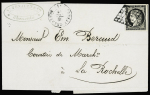 N°3 OBL grille + T15 Tonnay-Charente (1849) sur lettre, ind 15