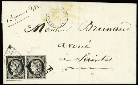 N°3 en paire OBL grille + T15 Tonnay Charente (1849)