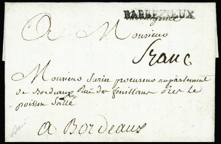 MP "Barbezieux" (L n°2, 1787) + "franc" manuscrit (L n°3), ind 19. TB