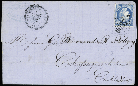 N°60 OBL GC 6037 + T24 "Brives Charente" (1873) sur lettre, ind 18. TB