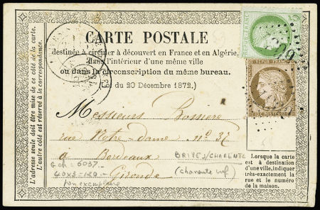 N°53 + 58 OBL GC 6037 + T17 "Brives-s-Charente" (1875) sur carte postale précurseur, ind 19