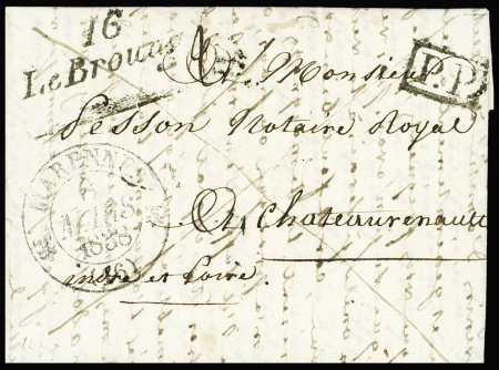 Cursive "16 Le Brouage" + T12 Marennes (1838), ind 22. TB