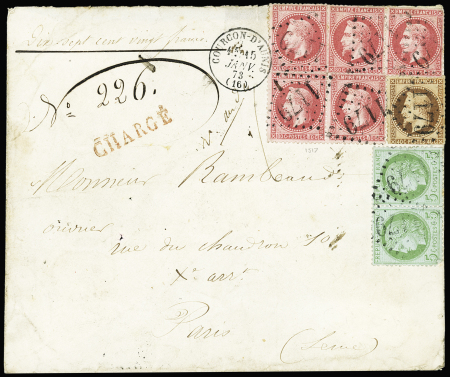 N°31 + 32, 5 pièces + 53 en paire OBL GC 1179 + T16 Courçon d'Aunis (1873) sur lettre chargée (VD 1720€), bel AFF tricolore. TB