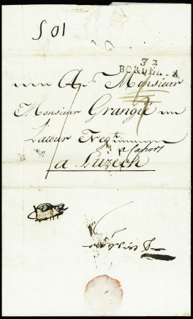 Lettre de 1792 avec MP "32 Bordeaux" pour Luzech avec au verso marque manuscrite de déboursé "Dcé de Cozes" non signalé. TB