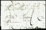 Lettre avec MP "16 Saintes" (1809) pour Cognac avec au verso MP rouge "Deb 16 Cozes", ind 22. RR et TB