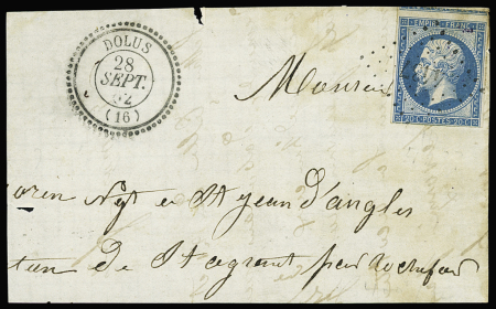 N°14 OBL PC 4437 + T22 Dolus (1862) sur devant de lettre, ind 22. RR et TB