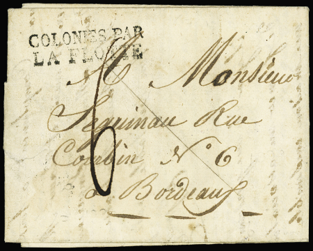 Lettre de Port au Prince pour Bordeaux avec marque d'entrée au tampon "Colonies par la flotte" (1827), ind 20. TB