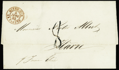 Lettre de Tampico (Mexique) pour Le Havre avec CAD d'entrée rouge "Outre-Mer la Flotte" (1844) + taxe 8 tampon façon manuscrite, ind 17. TB
