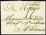 Lettre du Cap  pour Bordeaux (1763) avec marque manuscrite "Colonie" + petite MP "Delaflote". RR et TB, ind 25