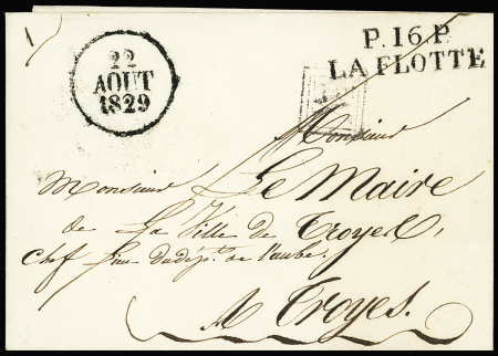 Lettre avec jolie MP "P 16 P La Flotte" (36x10mm) + dateur A (1829), ind 17. TB