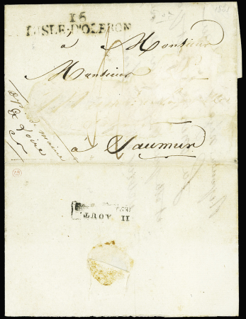 MP "16 L'Isle d'Oléron" (50x10mm - ind 8 - 1821) sur lettre avec petite marque d'arrivée à Saumur "11 août". TB