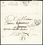 Lettre de Paris pour Jonzac réexpédiée à Saintes (1831) avec au verso MP "Deb 16 Ionsac", ind 19. TB