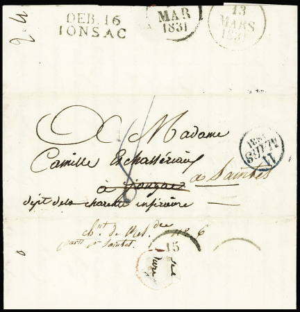 Lettre de Paris pour Jonzac réexpédiée à Saintes (1831) avec au verso MP "Deb 16 Ionsac", ind 19. TB