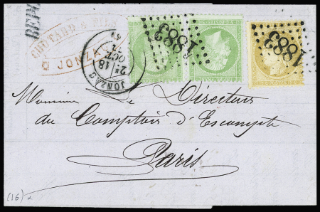 N°35, 5c vert sur bleu en paire + n°59 OBL GC 1883 + T17 Jonzac (1872) sur lettre. TB