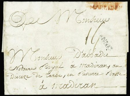 Lettre avec 2 MP "Marennes en noir et en rouge (1782 - L n°5 et n°6 - ind 23 et ind 12)