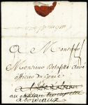 Lettre de Brest pour l'Ile d'Oléron réexpédiée à Bordeaux avec au verso marque manuscrite "Déboursé de marennes" (L n°8 - 1766), ind 20. TB