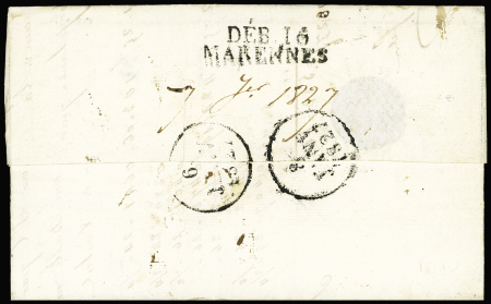 Lettre avec au verso MP "Deb 16 Marennes", ind 20 (1827). TB