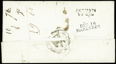 Lettre (sans date) pour Marennes avec au verso MP "Deb 16 Marans" et "Deb 16 Marennes". TB