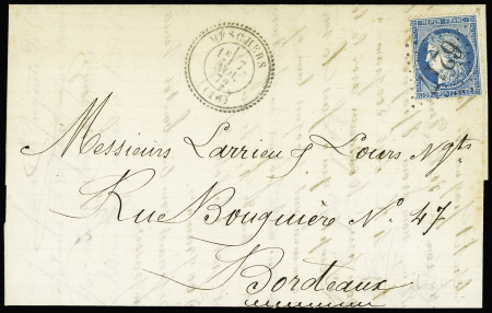 N°60 OBL GC 6217 + T24 Meschers (1872) sur lettre, ind 19. TB