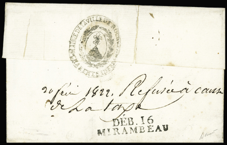 Lettre de Rochefort pour Mirambeau (1822) avec au verso mention manuscrite "Refusée cause de la taxe" + MP "Deb 16 Mirambeau", ind 20. Jolie pièce