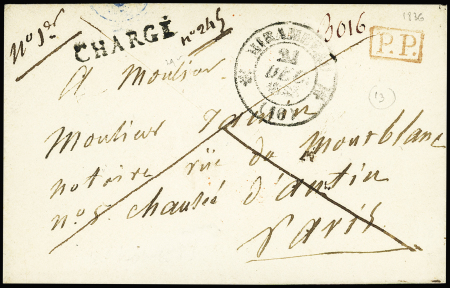 Env. avec T12 "Mirambeau" (vers 1830) + "PP" encadré rouge et griffe noire "Chargé". TB