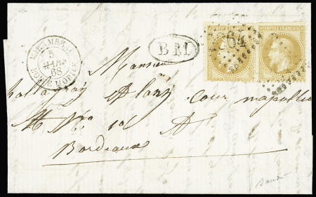 N°28 en paire OBL GC 2364 + T15 "Mirambeau boite mobile" (1868) + "BM" dans un ovale sur lettre, ind 22. TB