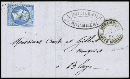 N°22 OBL GC 2364 + T15 "Mirambeau boite mobile" (1867) sur lettre, ind 22. TB