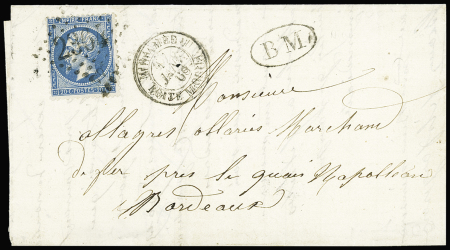 N°22 OBL GC 2364 + T15 "Mirambeau boite mobile" (1868) + "BM" dans un ovale, ind 20. TB