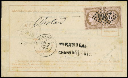 N°54 en paire OBL GC 2364 + T17 Mirambeau (1875) sur avis rose sur le sort d'un chargement. TB