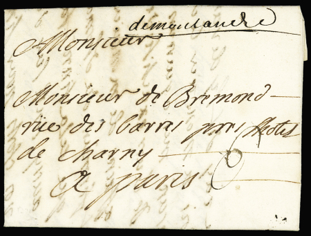 Lettre pour Paris (1729) avec marque manuscrite "Demontandre" (L n°2), ind 20. TB