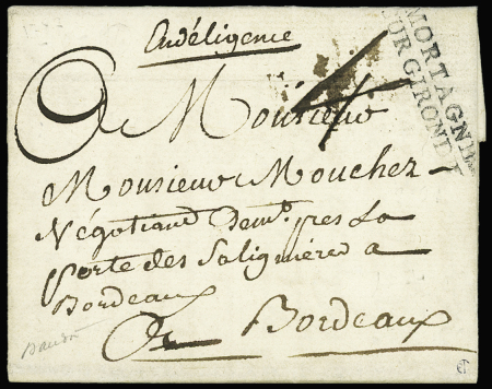 Lettre avec MP "Mortagne sur Gironde" (1787 -L n°1), ind 22. RR et TB