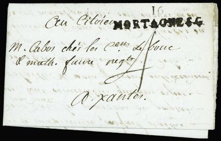 Lettre avec MP "16 Mortagne SG" (1794) pour Saintes, ind 25. RR et TB