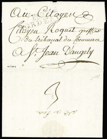 Lettre de Bordeaux pour St Jean d'Angely (1801) avec au verso marque manuscrite "Deb de Pons", ind 19. TB
