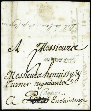 Lettre de Bordeaux pour Pons (1789) avec au verso marque manuscrite "Deb de Pons…BP Cognac", ind 19. TB