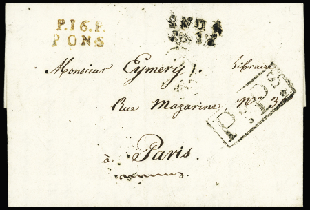 Lettre avec MP "P 16 P Pons" (1821 - en rouge et en noir - ind 19) et lettre avec MP "P 16 P Pons" + mention manuscrite "Franche de port" (1815 - ind 12). TB
