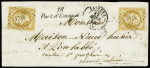 N°13, 2 pièces OBL PC 3718 + T15 Saintes (1855) sur devant de lettre avec cursive "16 Port d'Enveaux". Rare et TB