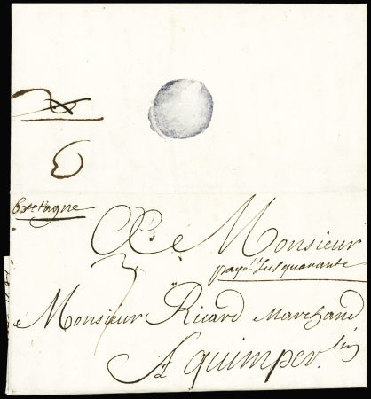 Lettre de Saint Martin de Ré pour Nantes avec marque manuscrite "Payé jusquanante" (1698), ind 20. TB