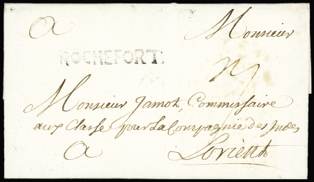 Lettre avec MP "Rochefort" (1727 - 41x6mm - L n°3), ind 19, certificat Chevalier. TB