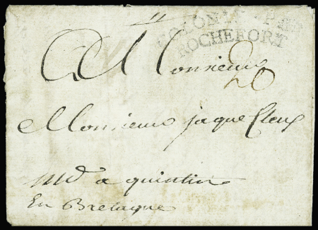Lettre de Saint Domingue pour Quintin avec marque cintrée "Colonies par Rochefort" (L n°10 - 1780), ind 19. TB