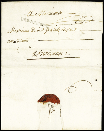 Lettre pour Bordeaux avec MP "De Rochefort" + paraphe de port-payé (1769 - L5 = L11), ind 20. TB