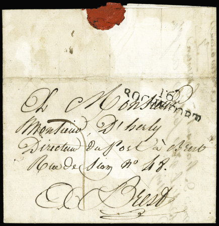 Lettre de la Martinique pour Brest (1820) avec entailles de purification, ind 16. TB