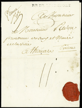 Lettre de Rochefort pour Thouars avec marque "PP de Rochefort" (1784 - 54x3mm - L n°8) + mention manuscrite "Franc", ind 25