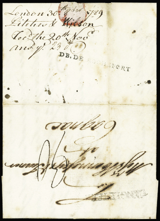 Lettre chargée de Londres pour Cognac (1789) avec au verso MP "DB de Rochefort" (53x3mm - L9 - 1789), ind 20