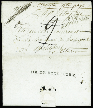 Lettre avec MP "P 15 P Angoulême" pour Rochefort retournée à l'expéditeur avec au verso belle MP "Deb de Rochefort" (L n°9) + mention manuscrite "A détaxer", ind 20. TB